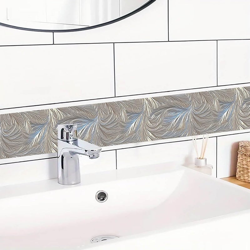 IVN Wallpaper Border Metallic Feather Texture Gold Gray Blue Pattern Design 4x196 Inch Peel and Stick Wallpaper Border for Mirror Frame Bathroom Laundry Room Pool Area Living Room Wall Decor - Image 5